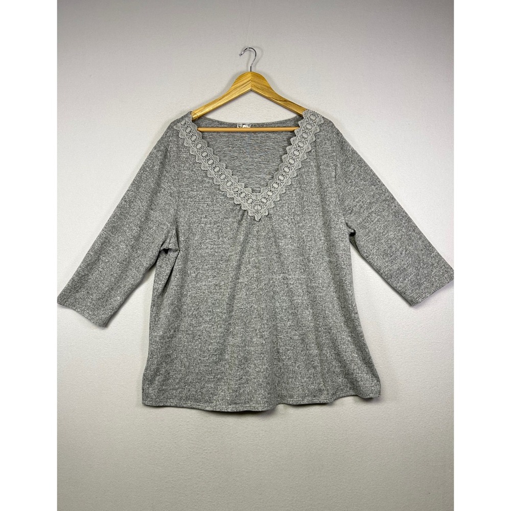 Grandmacore Late August Women 3X Gray Lace Trim 3/4 Sleeve Knit Blouse‎ Top